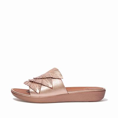 Fitflop Women's SOLA Feather Metallic Leather Slides Sandals - Rose Gold, TW1240637